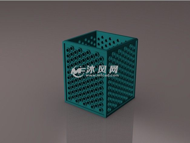 六边形镂空笔筒青色渲染